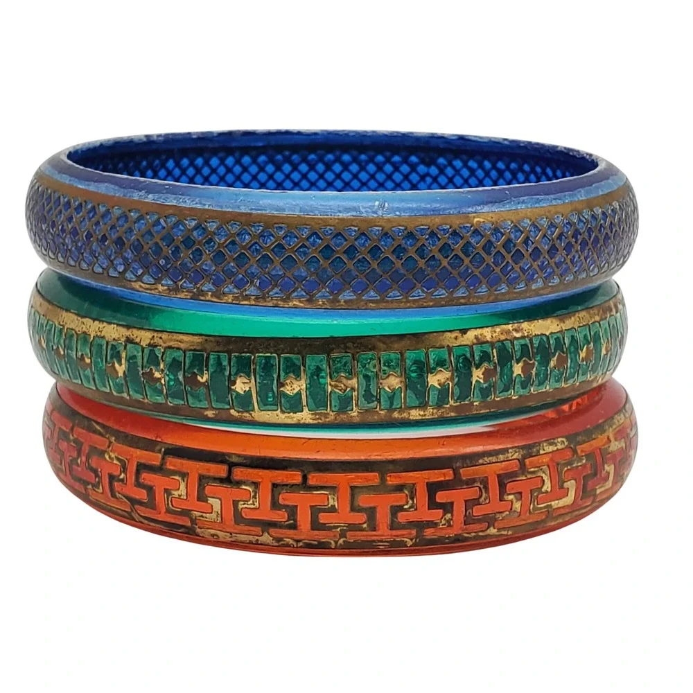 Vintage Acrylic Bangle Bracelet Set Blue Green Orange Gold Tone Geometric Boho